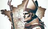 DALL·E-2023-11-11-17.14.26-A-creative-illustration-showing-Saint-Martin-of-Tours-as-a-bishop-superimposed-on-a-map-of-France-with-a-focus-on-the-region-of-Tours.-The-map-shoul