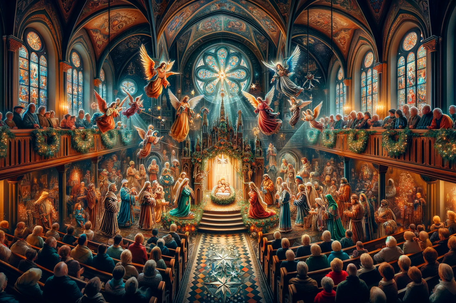DALL·E-2024-01-06-19.55.14-A-dynamic-and-colorful-depiction-of-a-Nativity-play-taking-place-inside-a-church.-The-image-showcases-various-actors-in-ornate-traditional-costumes-r